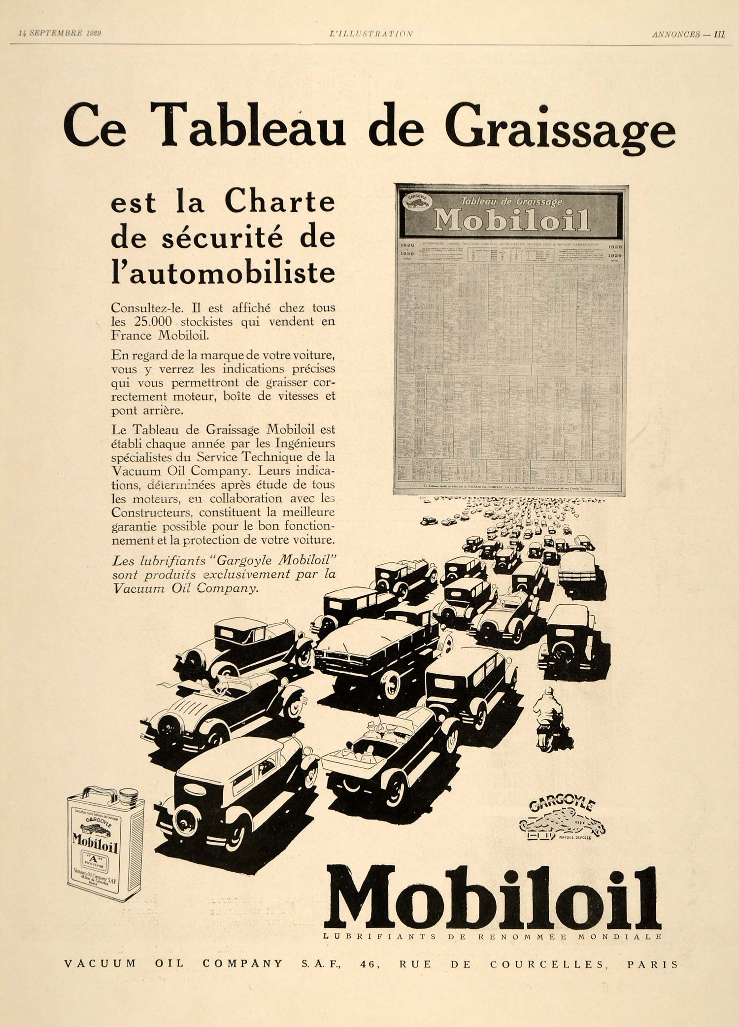1929 Ad French Mobil Oil Gargoyle Vacuum Lubrication - ORIGINAL ADVERTISING ILL3
