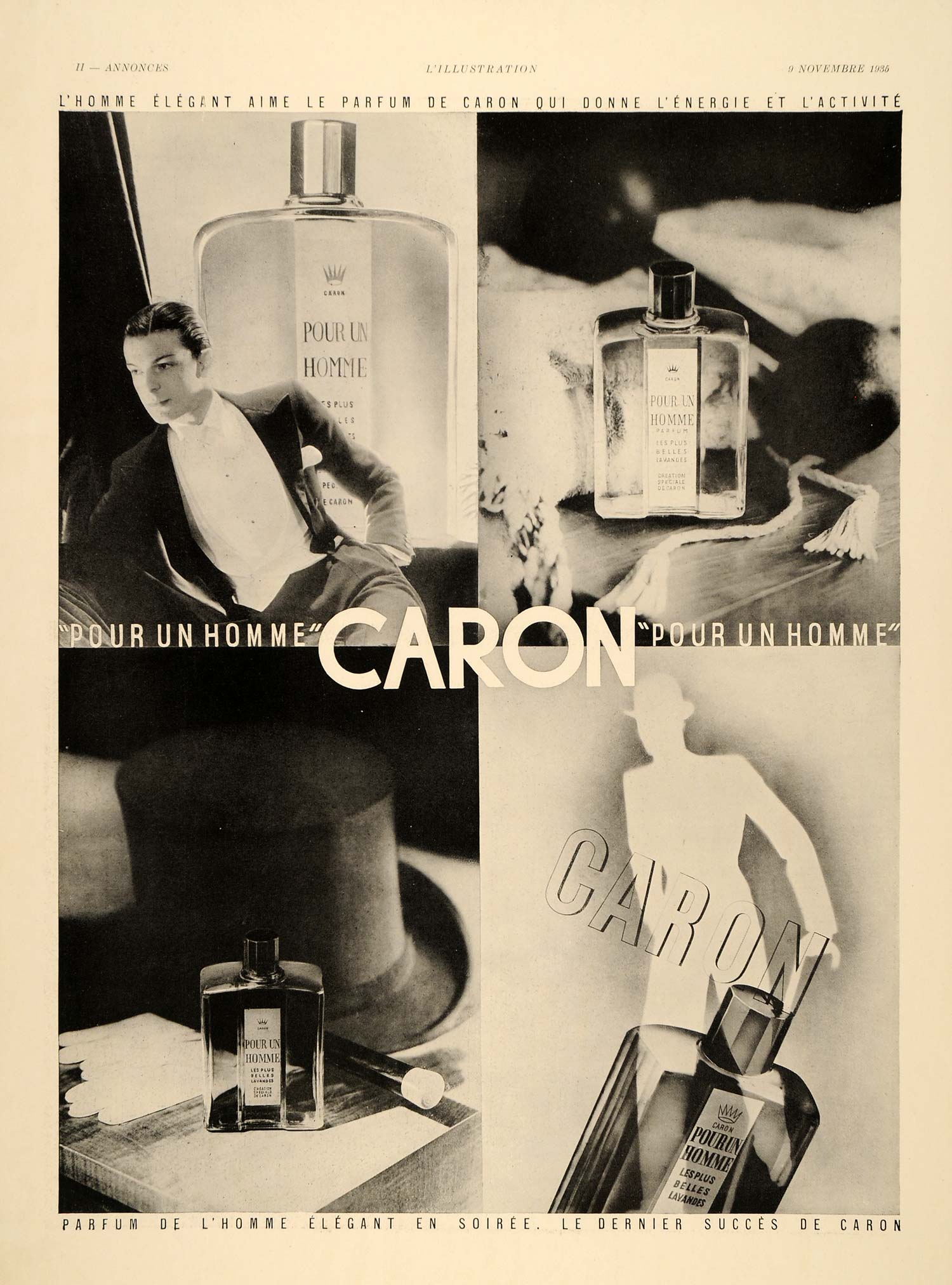 1935 Ad French Cologne Homme Man Caron Tuxedo Art Deco - ORIGINAL ILL3