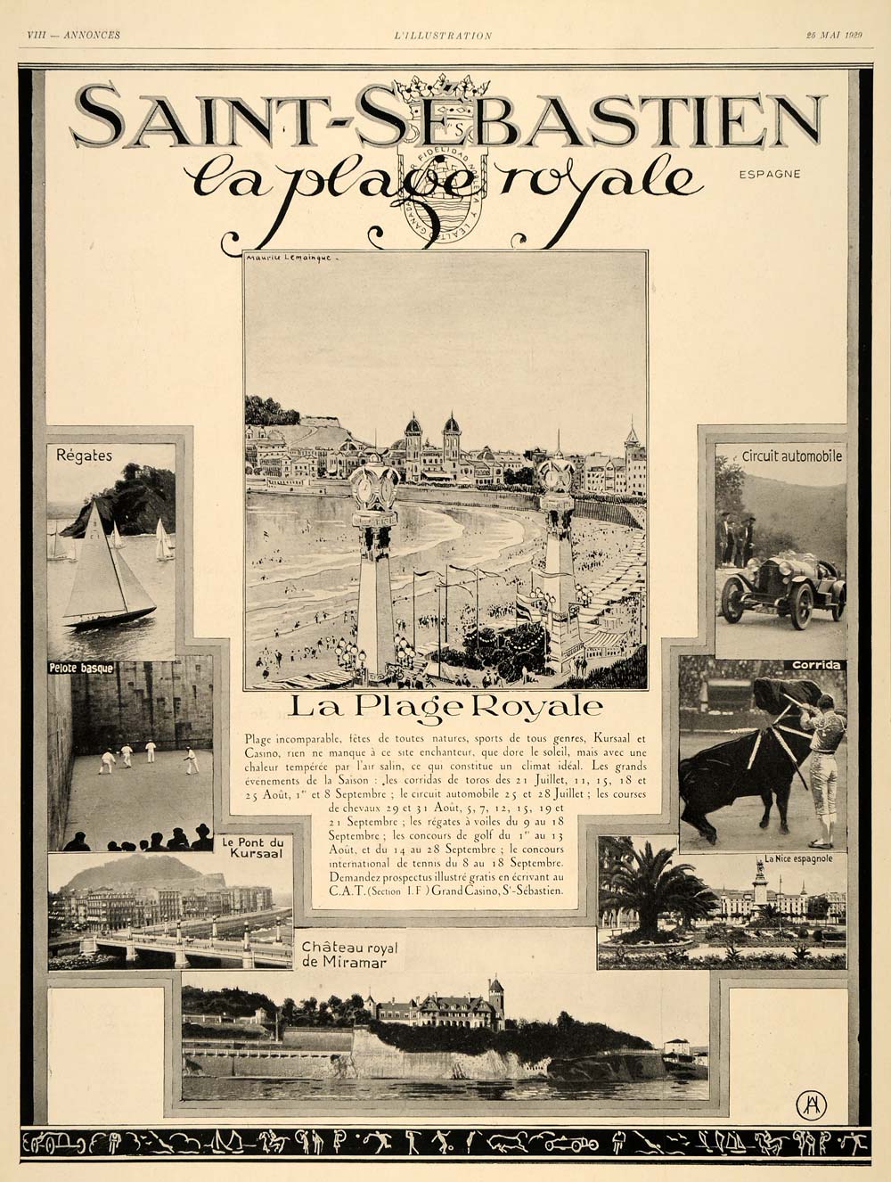 1929 Ad French Saint Sebastien Royal Beach Travel Spain - ORIGINAL ILL3