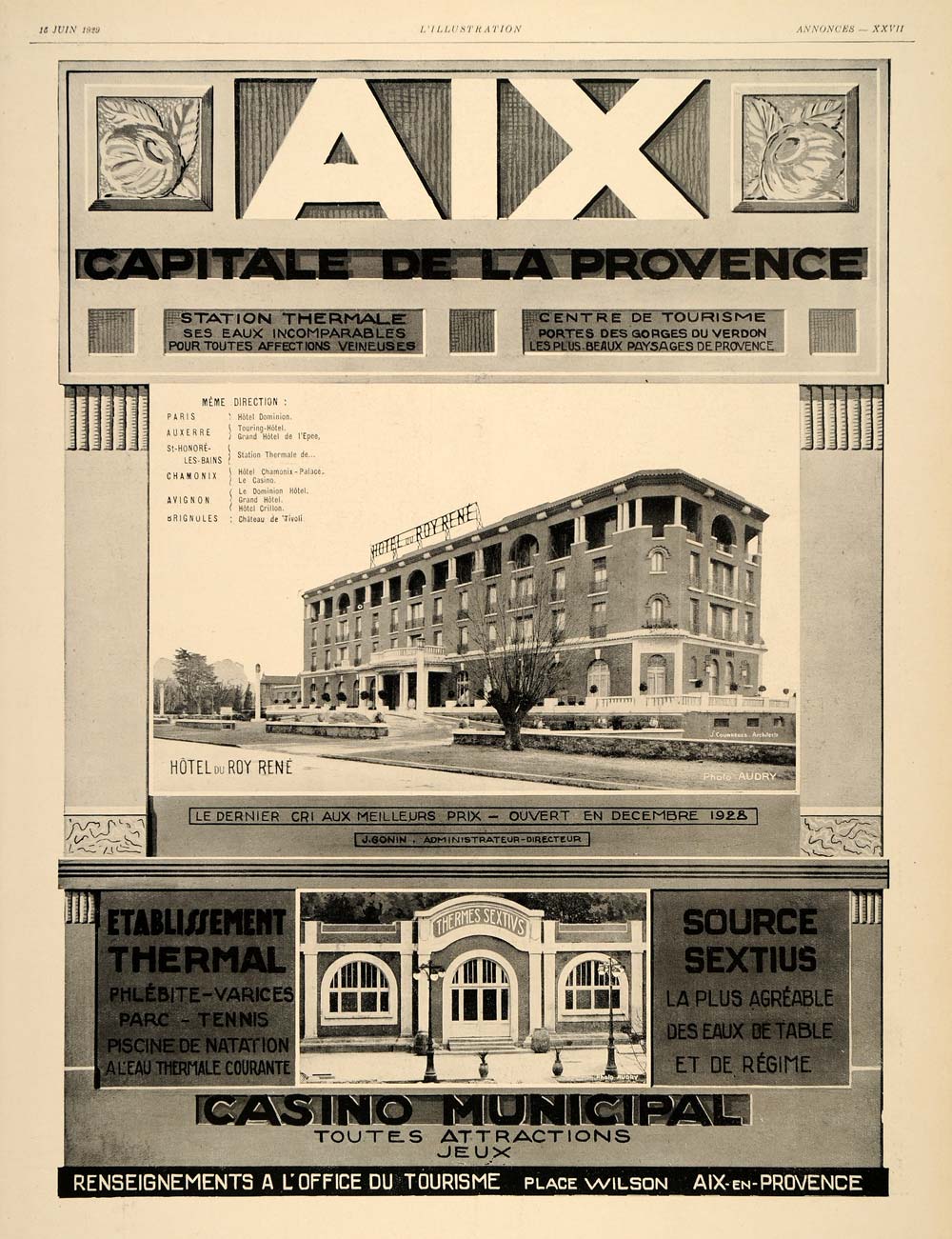 1929 Ad French Hotel Ray Rene Provence Travel Casino - ORIGINAL ADVERTISING ILL3
