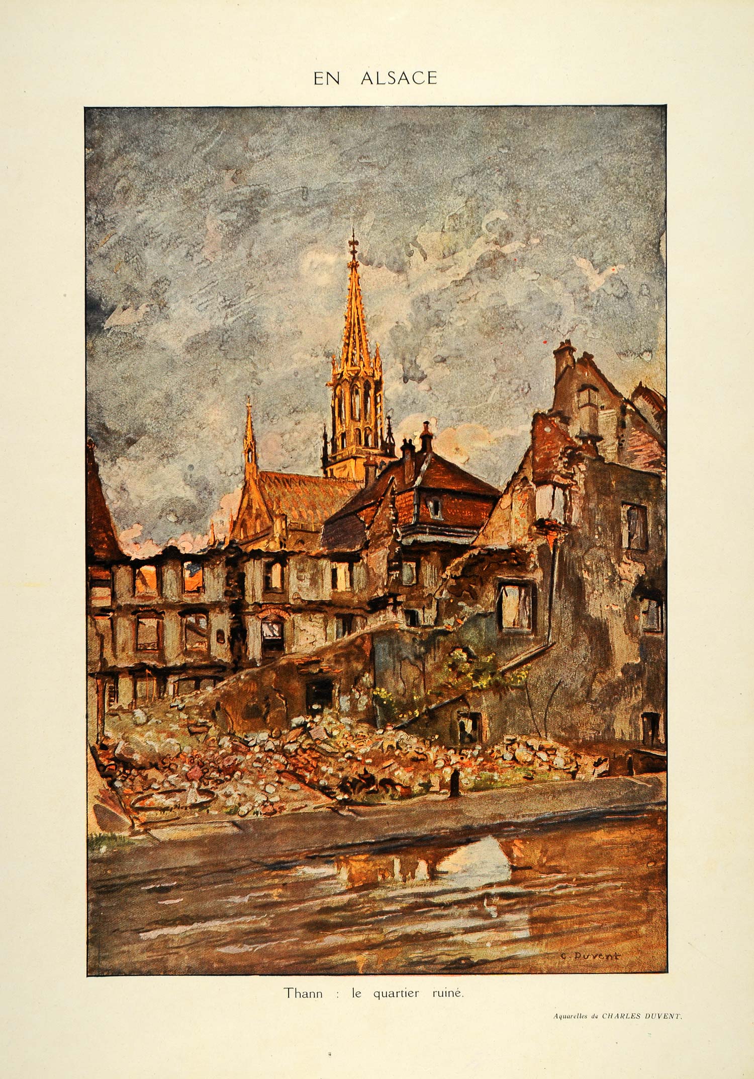 1916 Print Charles Duvent WWI Thann Ruins Alsace France - ORIGINAL ILL3