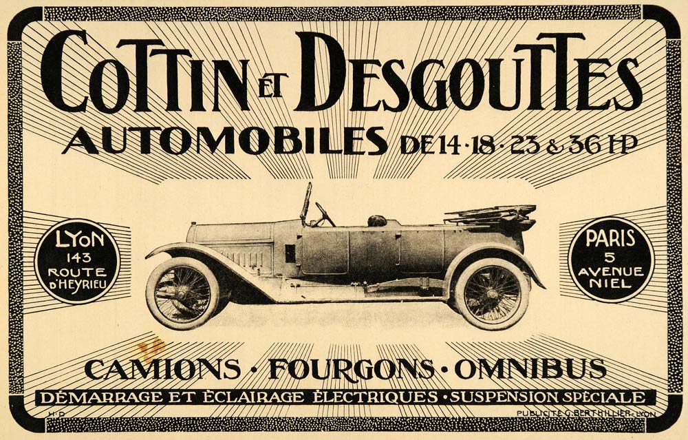 1920 Ad French Cars Cottin Descouttes Racing Automobile - ORIGINAL ILL3
