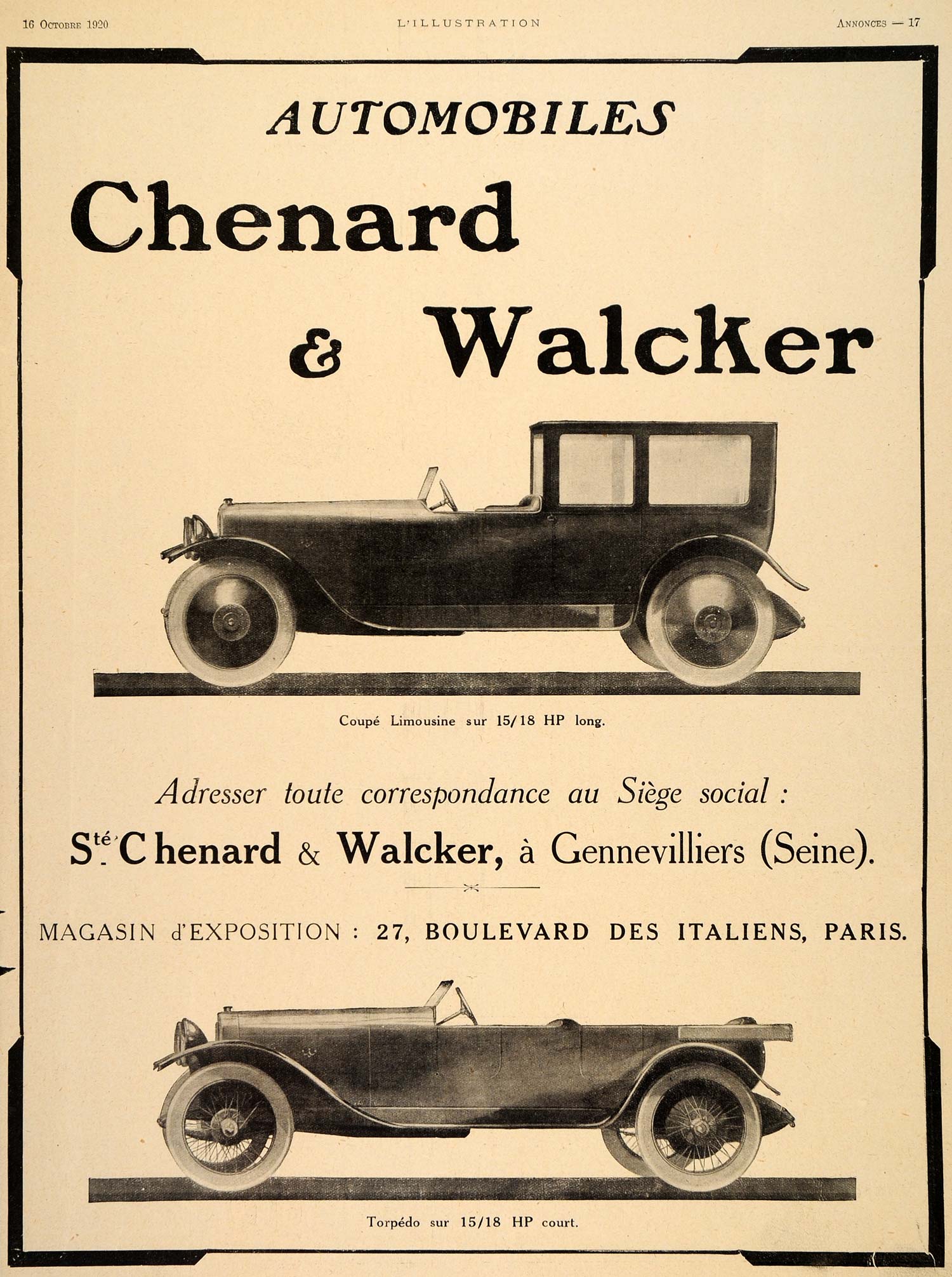 1920 Ad French Automobiles Cars Chenard Walcker Racing - ORIGINAL ILL3