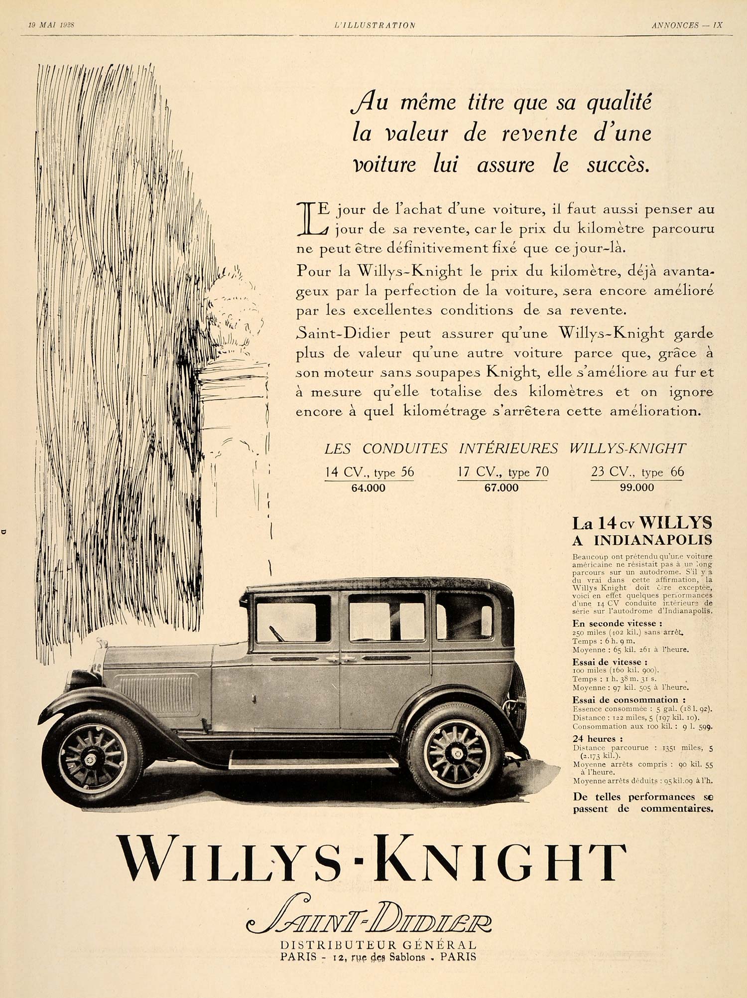 1928 Ad French Car Willys Knight Saint Didier Racing - ORIGINAL ADVERTISING ILL3