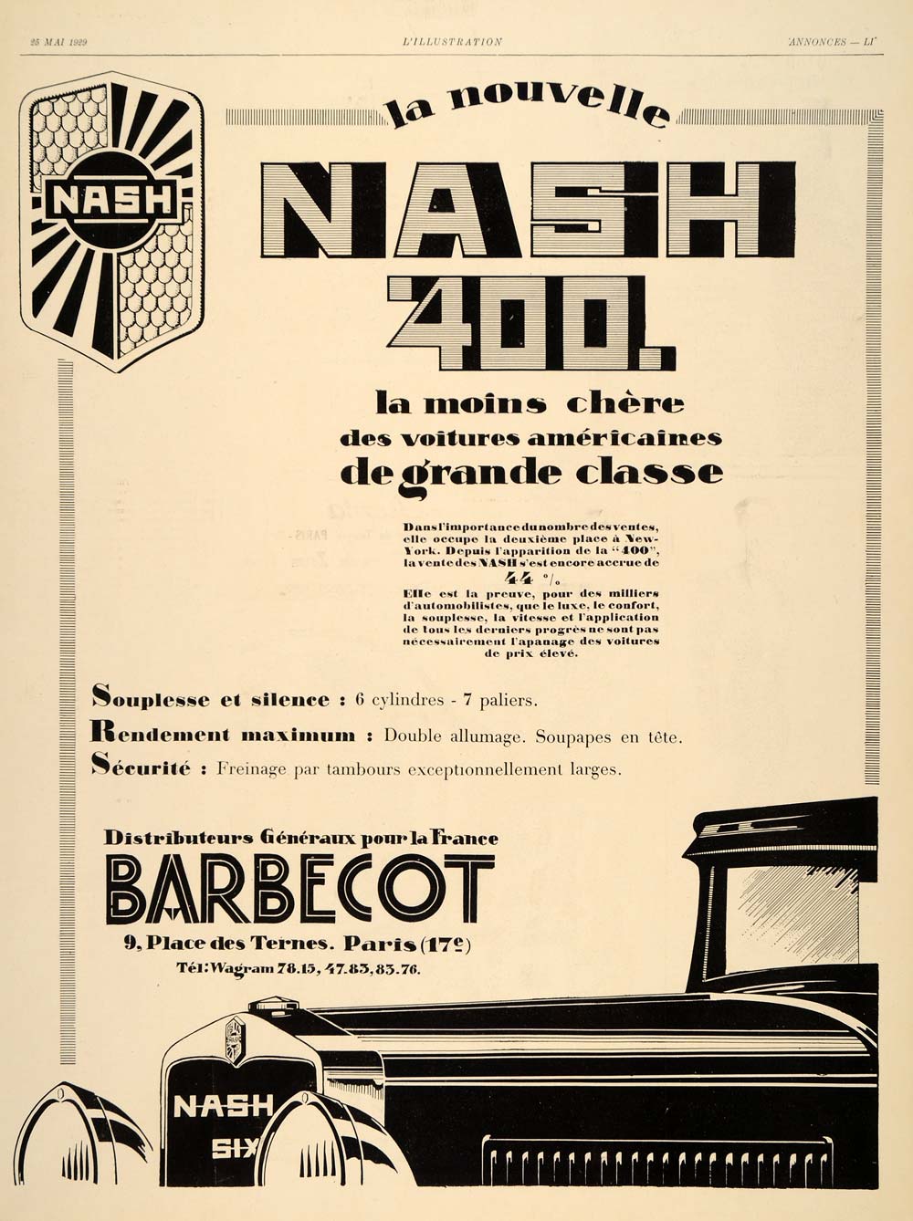 1929 Ad French Nash 400 Cars Automobiles Barbecot Paris - ORIGINAL ILL3