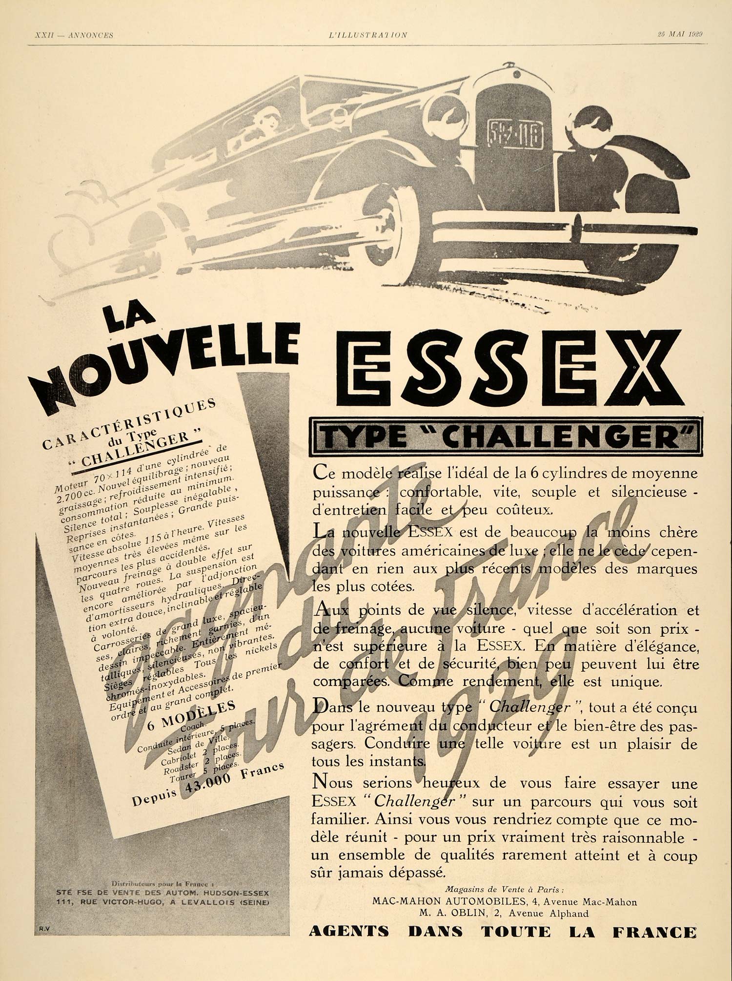 1929 Ad French Essex Challenger Cars Automobiles Racing - ORIGINAL ILL3