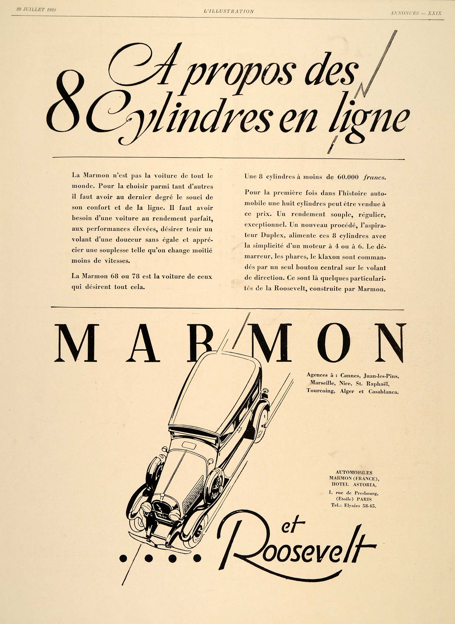 1929 Ad French Car Automobile Marmon Roosevelt Astoria - ORIGINAL ILL3