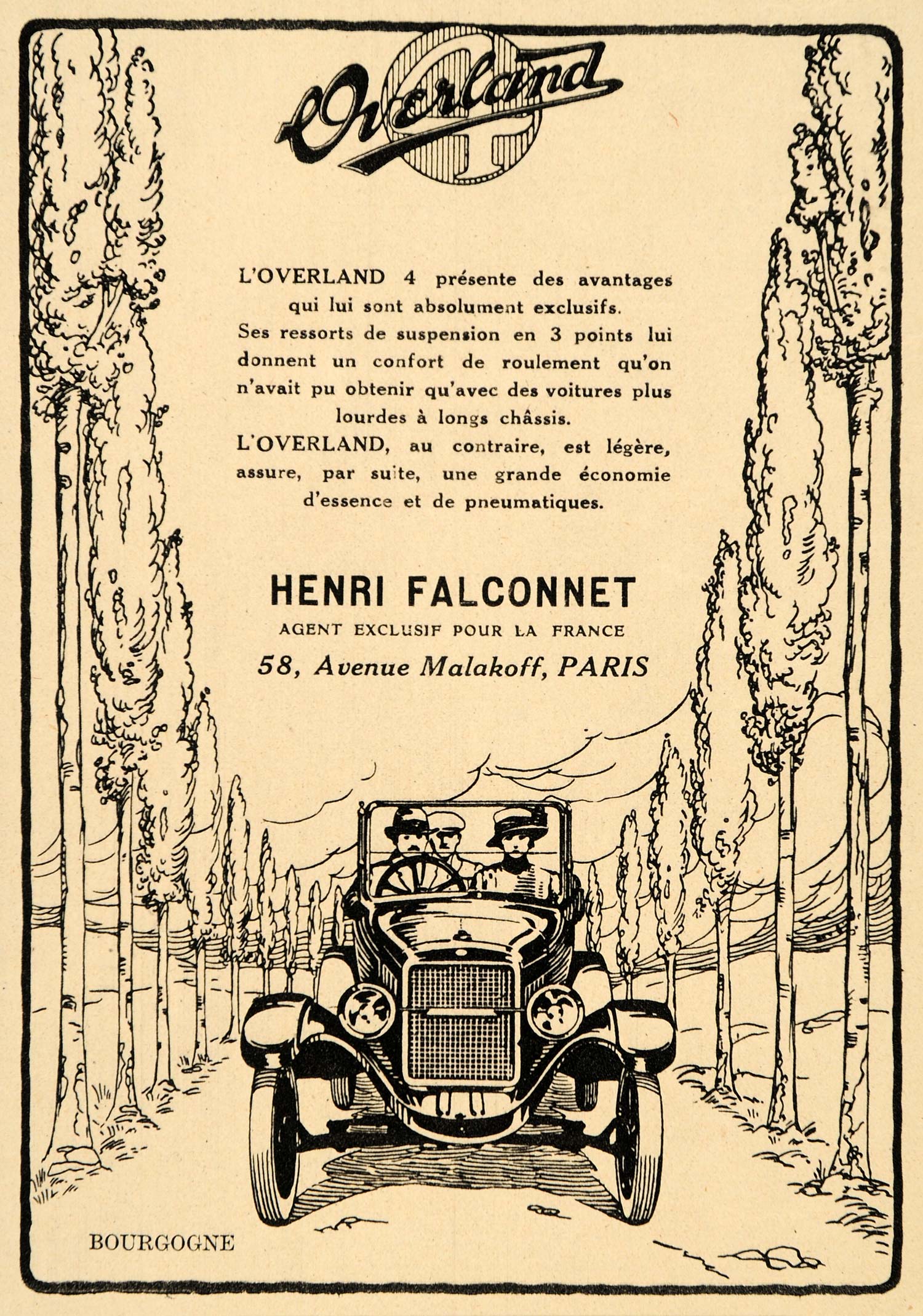1920 Ad French Car Overland 4 Falconnet Drive Bourgogne - ORIGINAL ILL3