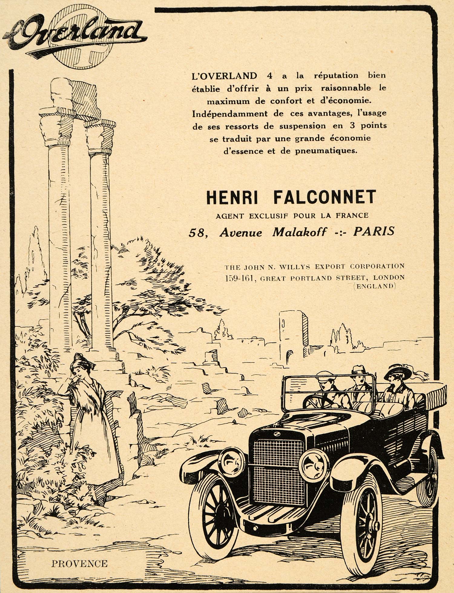 1920 Ad French Car Overland 4 Falconnet Drive Provence - ORIGINAL ILL3