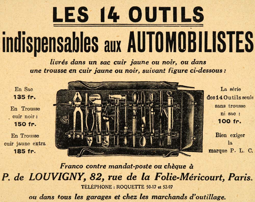 1920 Ad French Car Automobile Tool Set Kit Mechanics - ORIGINAL ADVERTISING ILL3