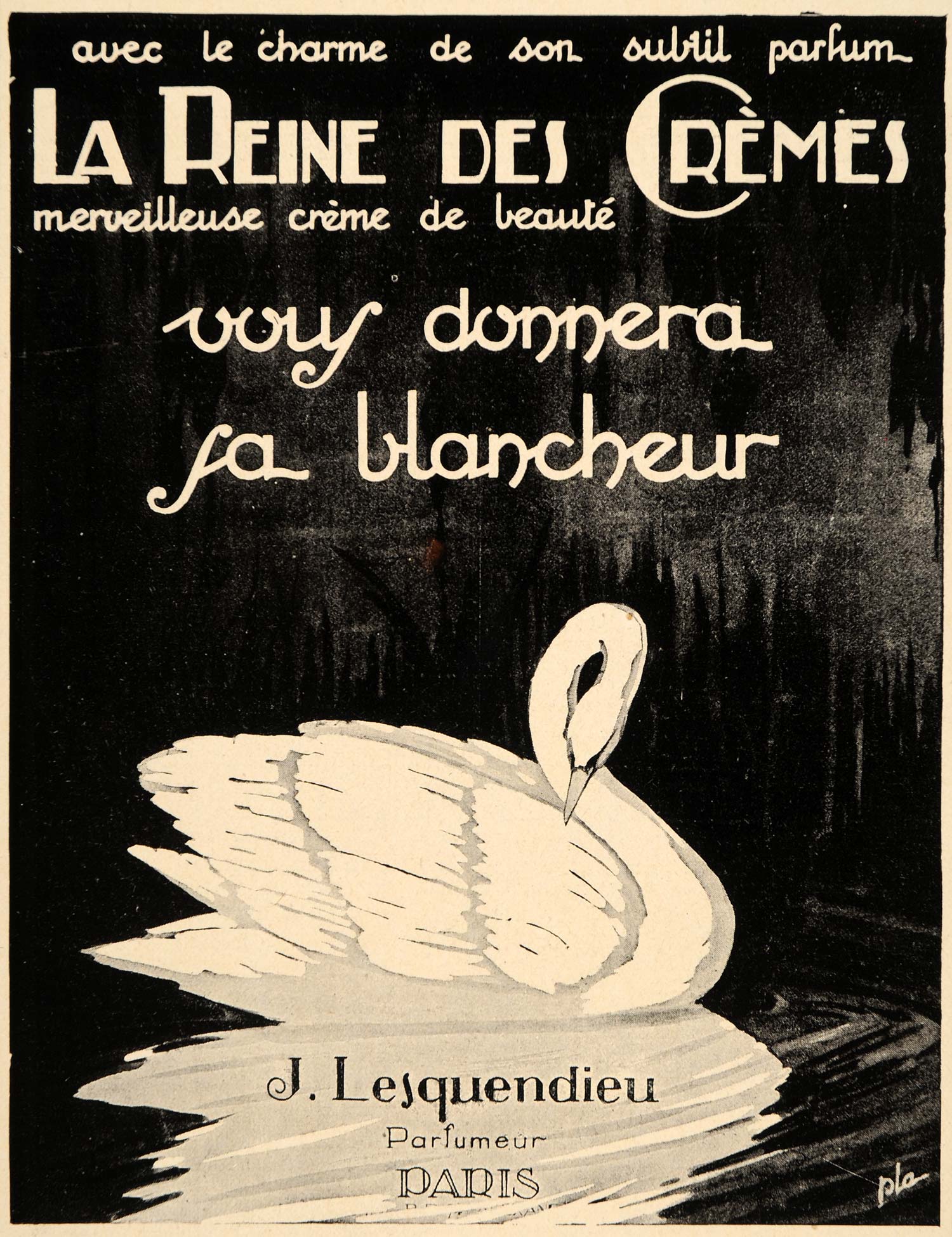 1929 Ad French Creme Beauty Swan Whiteness Paris Creme - ORIGINAL ILL3