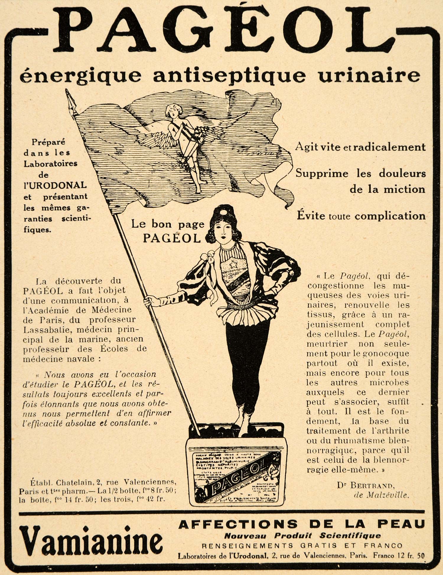 1920 Ad French Vamianine Pageol Urinary Antiseptic Med - ORIGINAL ILL3