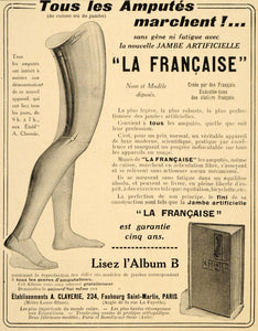 1920 Ad French Artificial Limb Amputee Leg Francaise - ORIGINAL ADVERTISING ILL3
