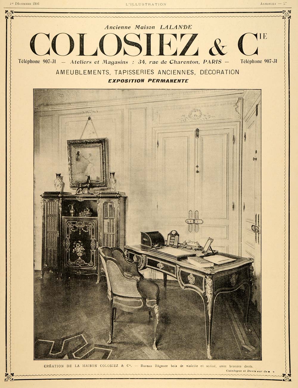 1906 Ad Maison Lalande Colosiez Paris Regency Desk - ORIGINAL ADVERTISING ILL4