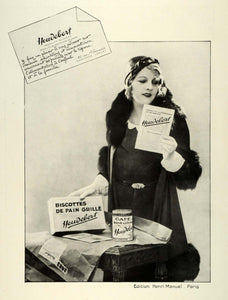 1931 Ad Heudebert Melba Toast Bread Food Coffee Woman Coat Fashion Paris ILL5