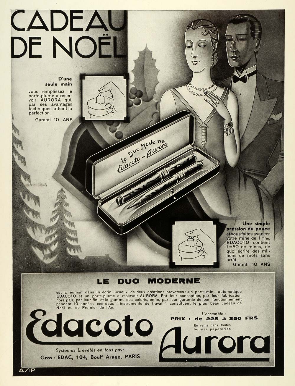 1931 Ad Edacoto Aurora French Writing Pens Art Deco Christmas Gift Couple ILL5
