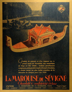 1938 Ad Marquise Sevigne Chocolates Candies Boat Versailles Garden Paris ILL5