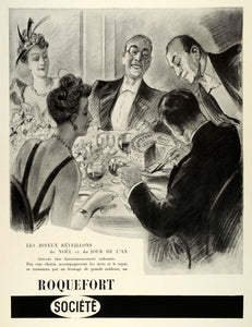 1938 Ad Roquefort Societe French Cheeses Dinner Party Guests Eating Tuxedo ILL5