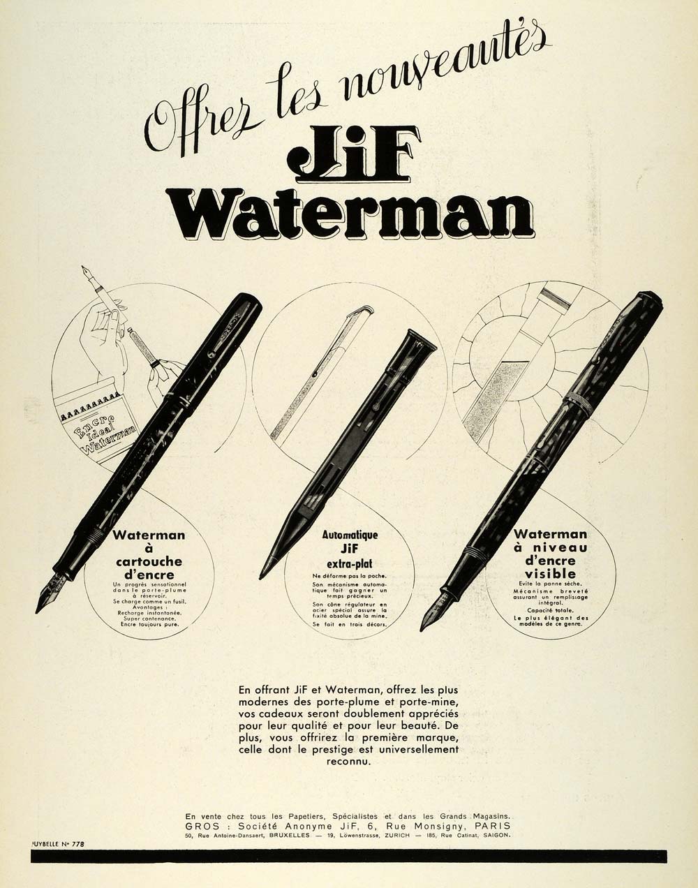 1936 Ad JiF Waterman French Fountain Pen Writing Ink Office Utensil Paris ILL5