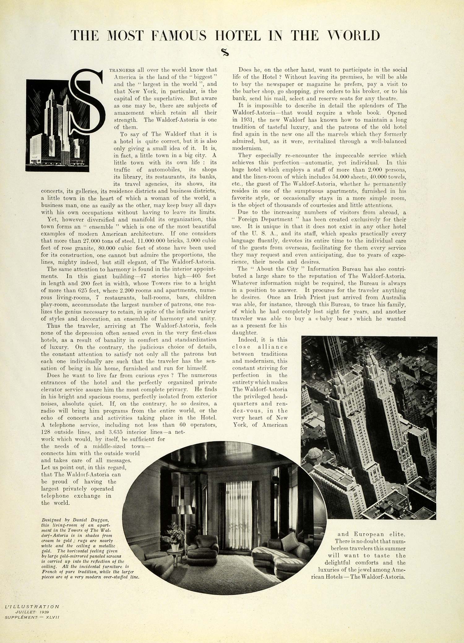 1939 Article Waldorf-Astoria Hotel New York City Towers Apartment Interior ILL5