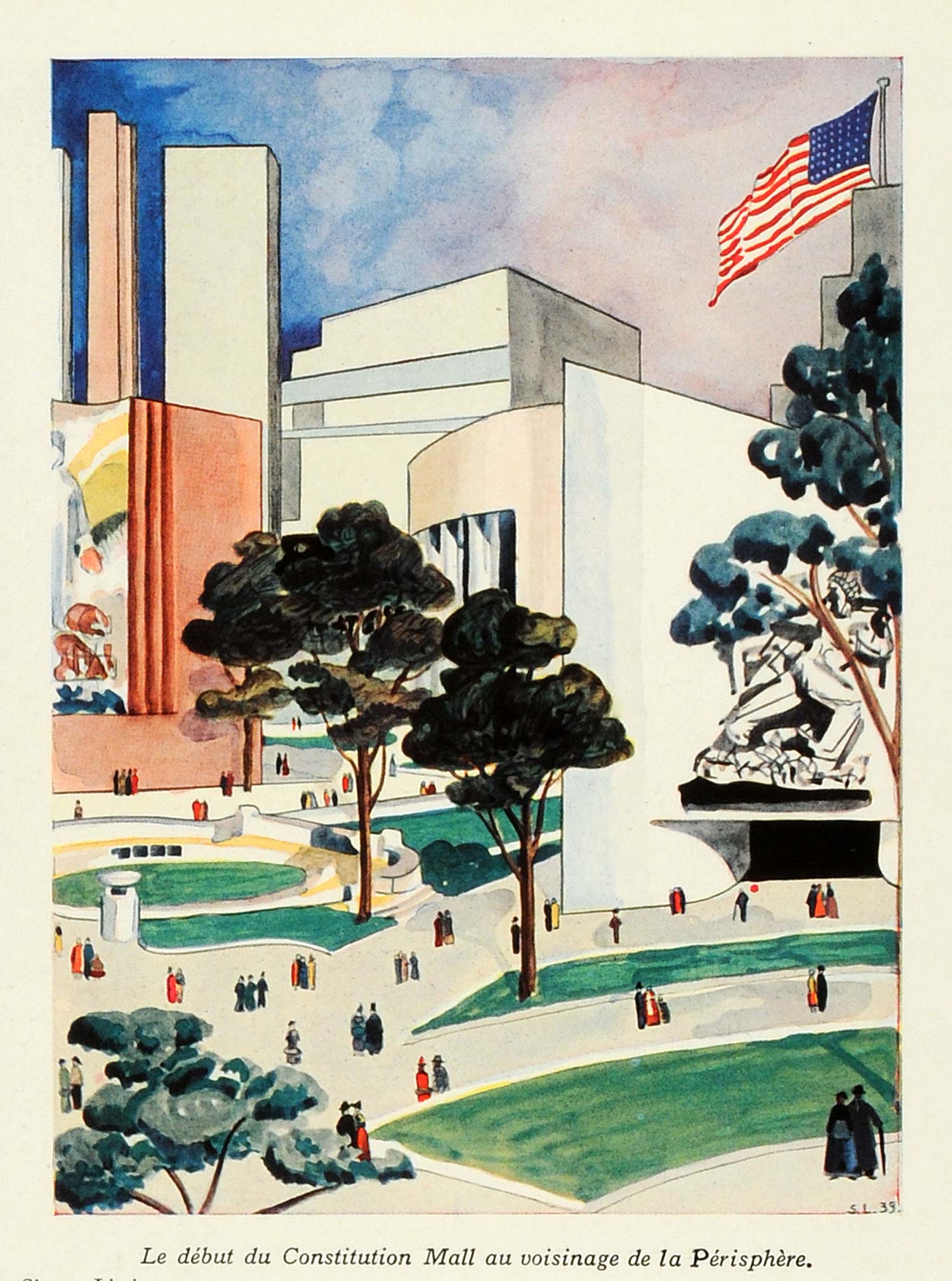 1939 Print Color New York World's Fair Constitution Mall Simon Lissim U.S ILL6