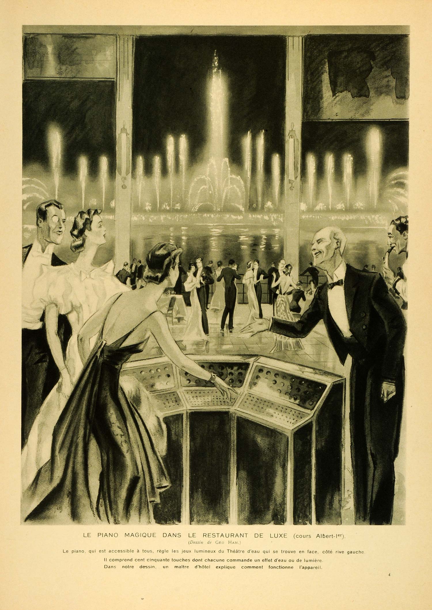 1937 Print Geo Ham Paris Exposition Fountain Display Lights Piano Magique ILL7