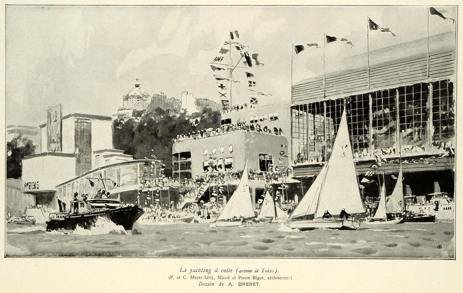 1937 Print Paris Exposition Sailboats Yachts Seine River Buildings Boats ILL7