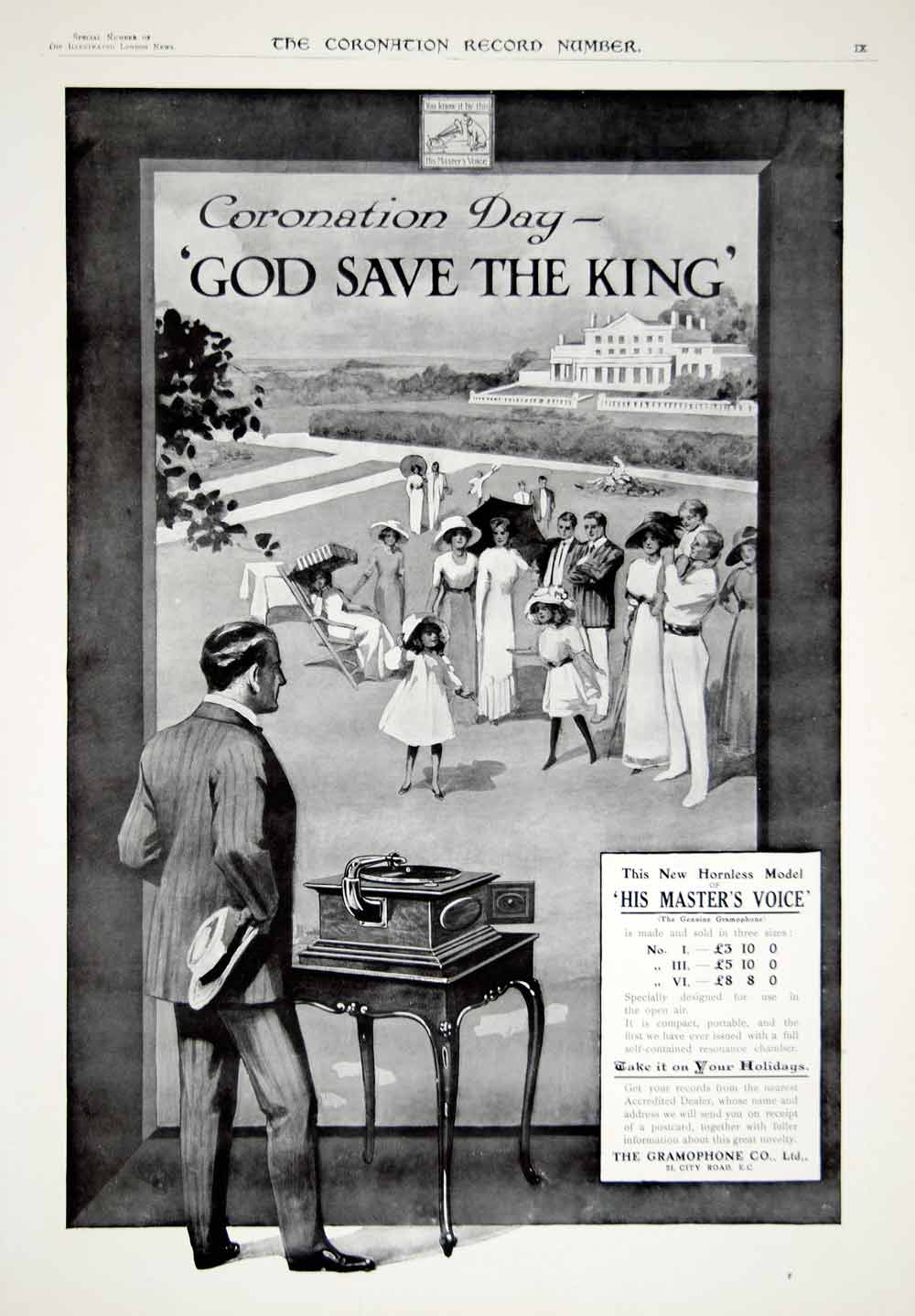 1911 Ad His Masters Voice HMV Gramophone Phonograph George V Coronation Art ILN2