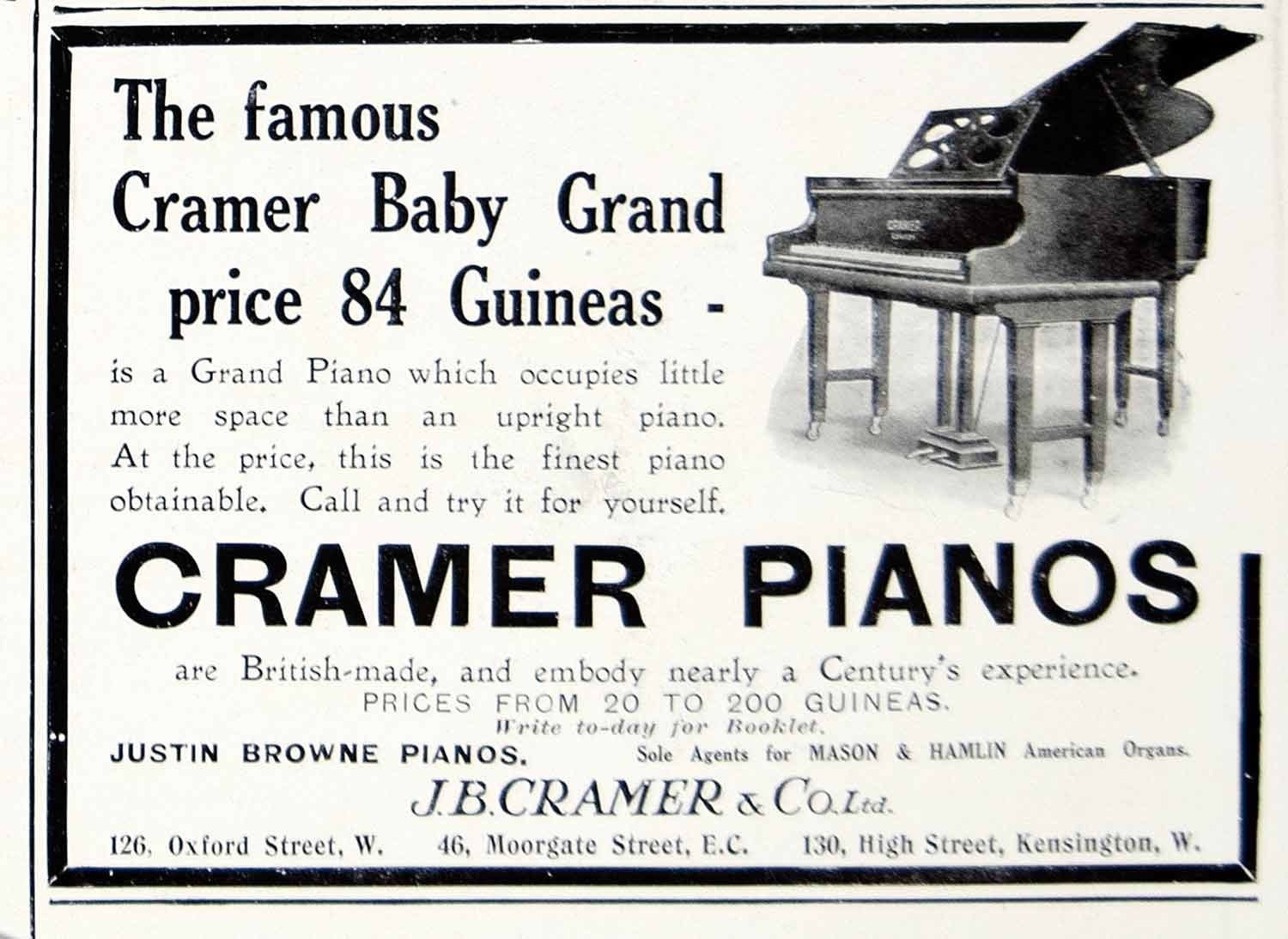 1911 Ad Justin Browne Cramer Baby Grand Pianos Musical Instruments London ILN2
