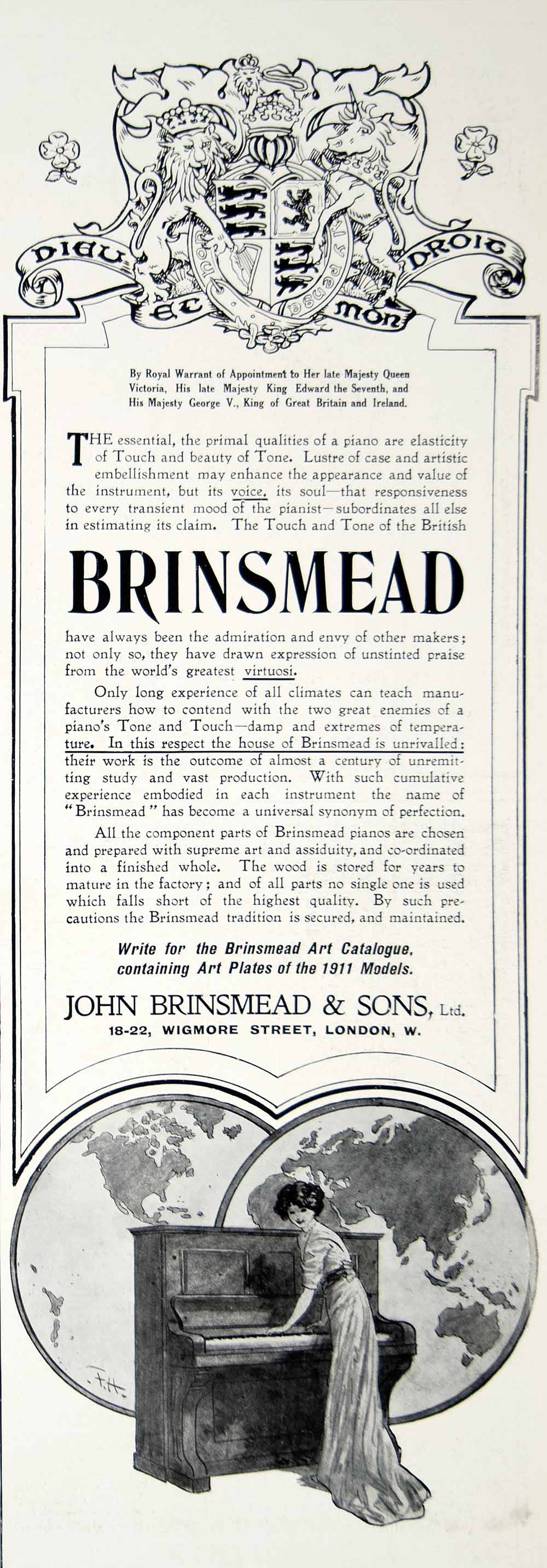 1911 Ad John Brinsmead & Sons Pianos Musical Instruments Art Pianist London ILN2