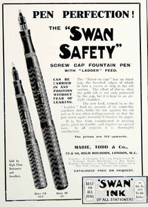 1911 Ad Mabie Todd Swan Safety Screw Cap Fountain Pen Writing Instrument ILN2