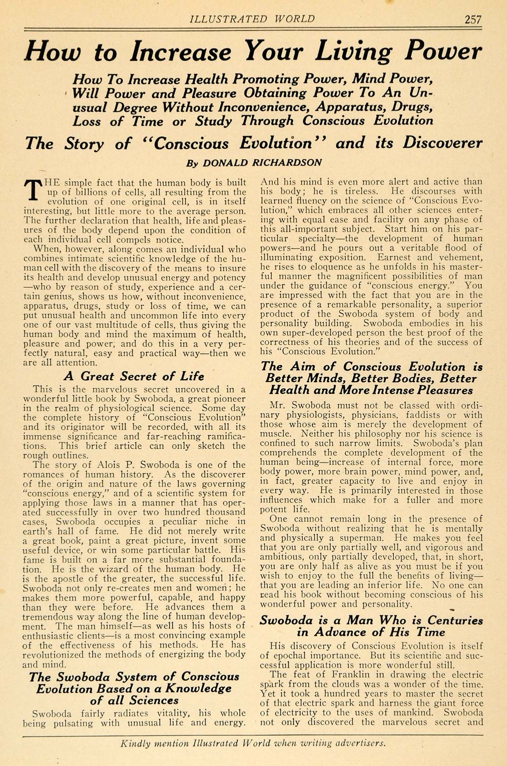 1915 Ad Donald Richardson Conscious Evolution Swoboda - ORIGINAL ILW1