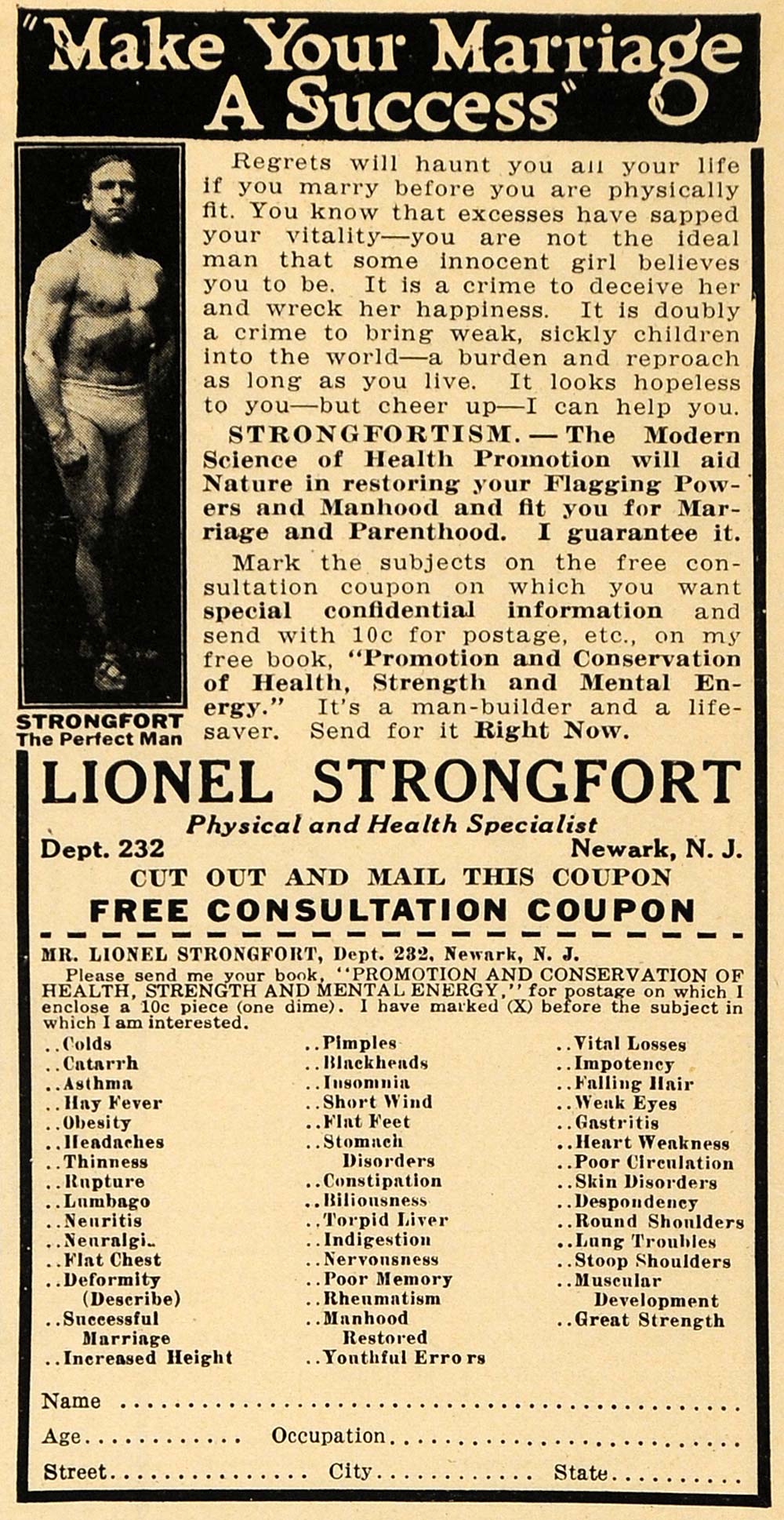 1923 Ad Lionel Strongfort Muscle Development Treatment - ORIGINAL ILW1