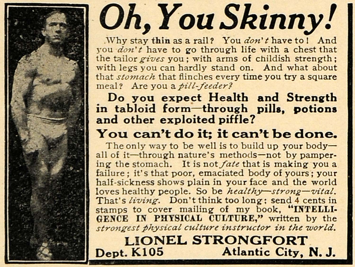 1915 Ad Lionel Strongfort Muscle Skinny Development Atlantic City Treatment ILW1