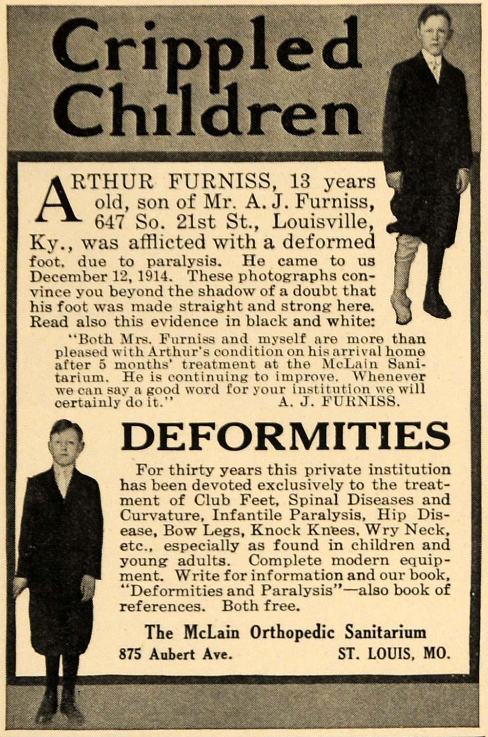 1915 Ad McLain Orthopedic Sanitarium Club Feet Cure - ORIGINAL ADVERTISING ILW1
