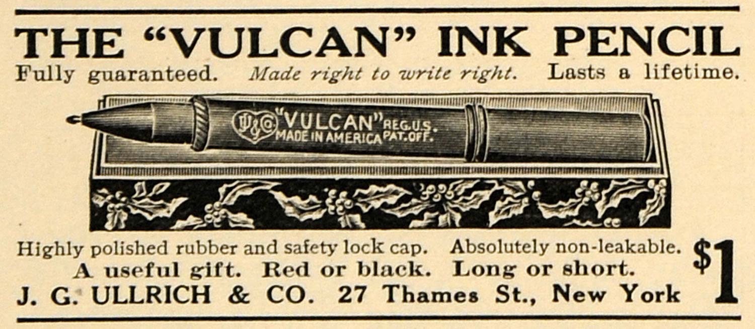 1915 Ad J G Ullrich & Co Vulvan Ink Pencil Vintage - ORIGINAL ADVERTISING ILW1
