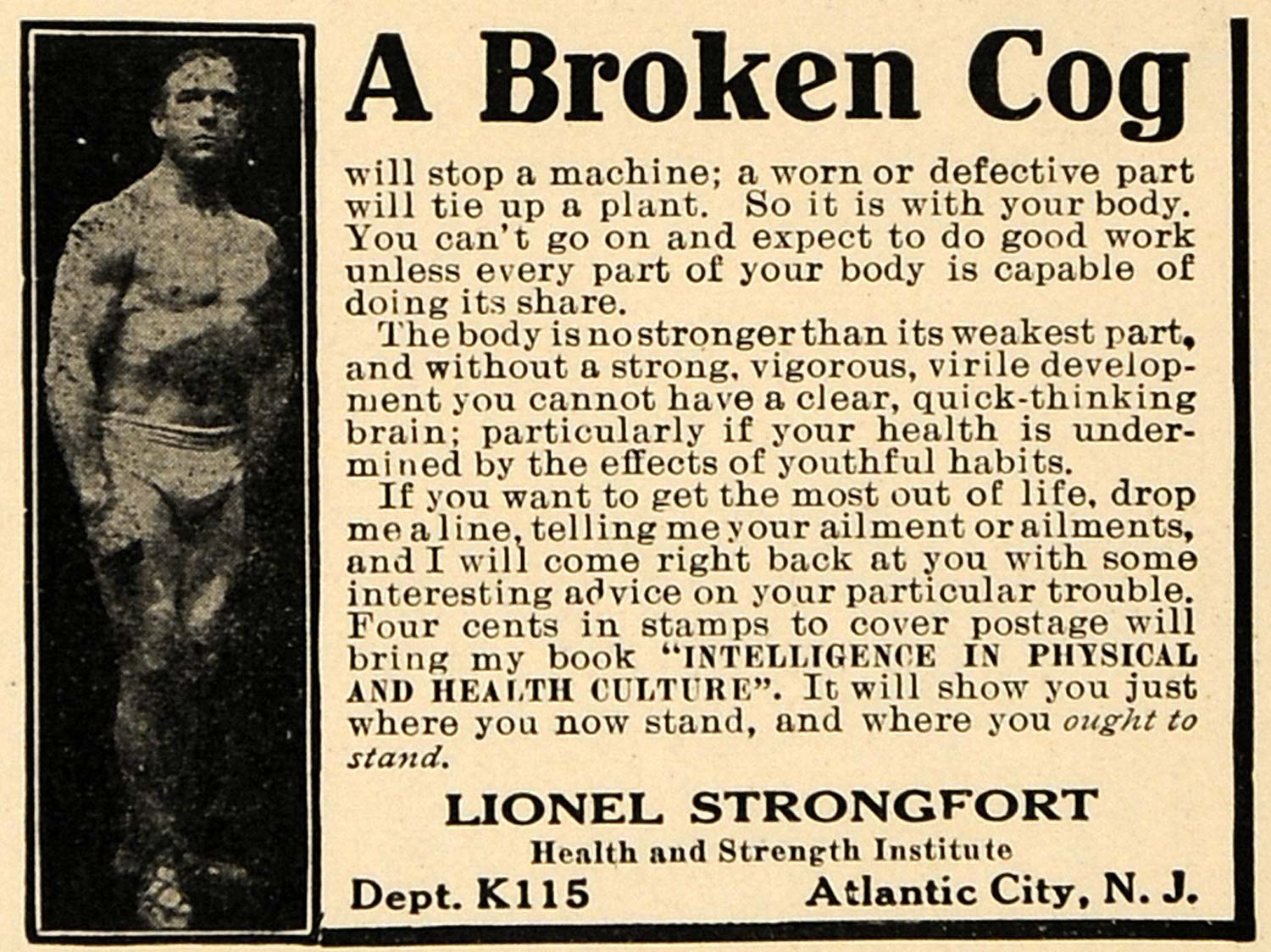 1915 Ad Lionel Strongfort Muscle Development Treatment - ORIGINAL ILW1