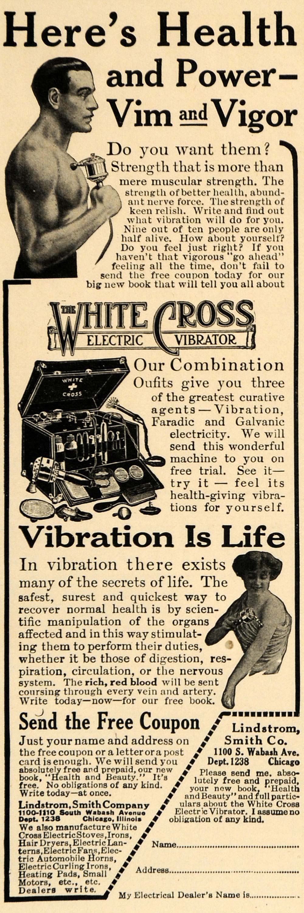 1915 Ad Lindstrom Smith Chicago Illinois White Cross Electric Vibrator ILW1