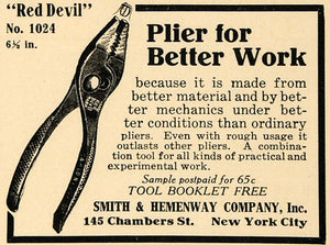 1915 Ad NYC Smith Hemenway Company Chambers St Red Devil Plier Tools Garage ILW1