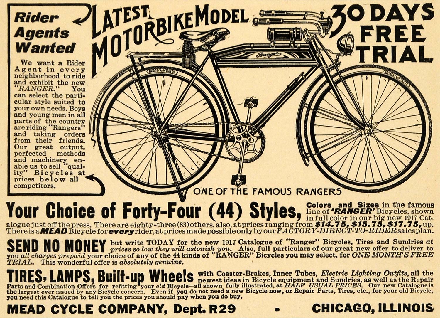 1917 Ad Mead Cycle Co. Motorbike Model Vintage Chicago - ORIGINAL ILW1