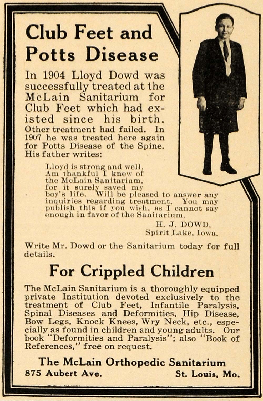 1917 Ad McLain Orthopedic Sanitarium Club Feet Cure - ORIGINAL ADVERTISING ILW1