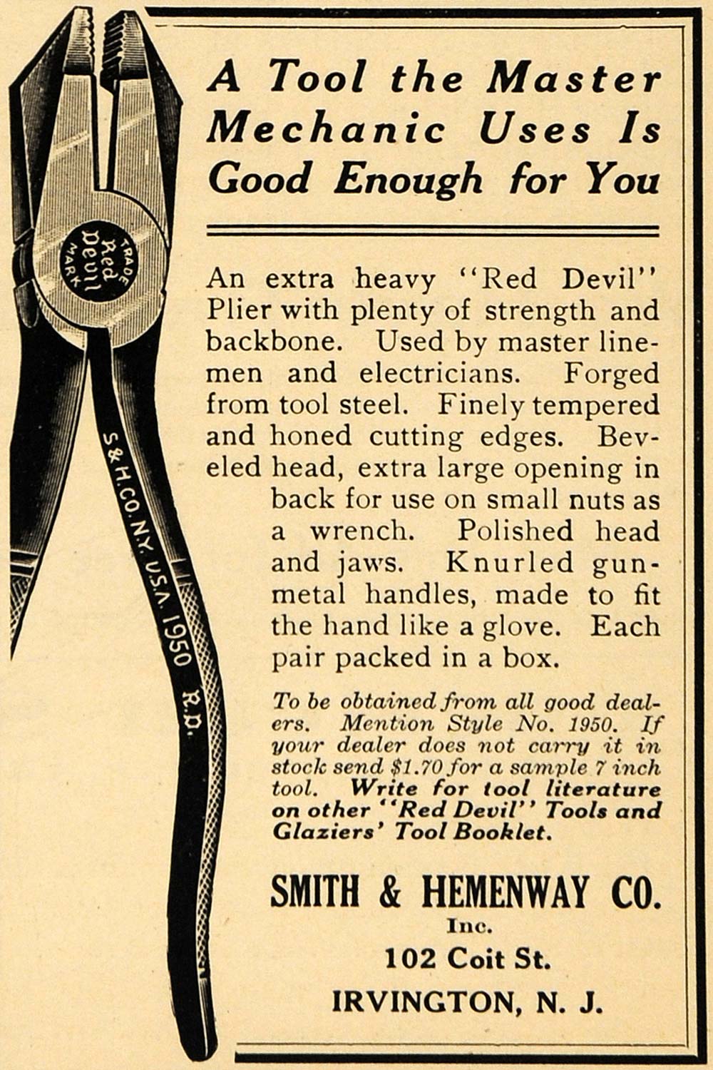 1917 Ad Smith & Hemenway Co. Red Devil Plier Tools - ORIGINAL ADVERTISING ILW1