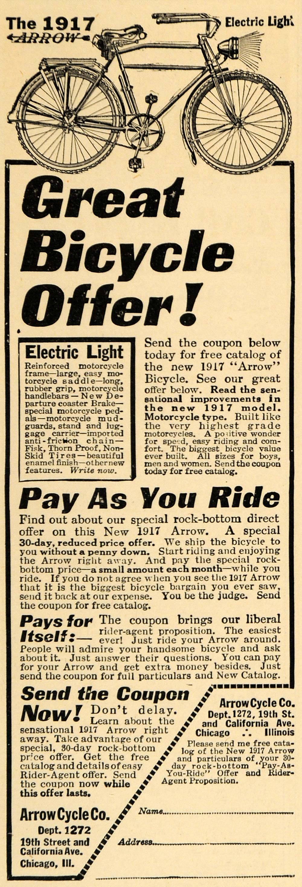 1917 Ad Arrow Bicycle Electric Light Coupon WWI Era - ORIGINAL ADVERTISING ILW1