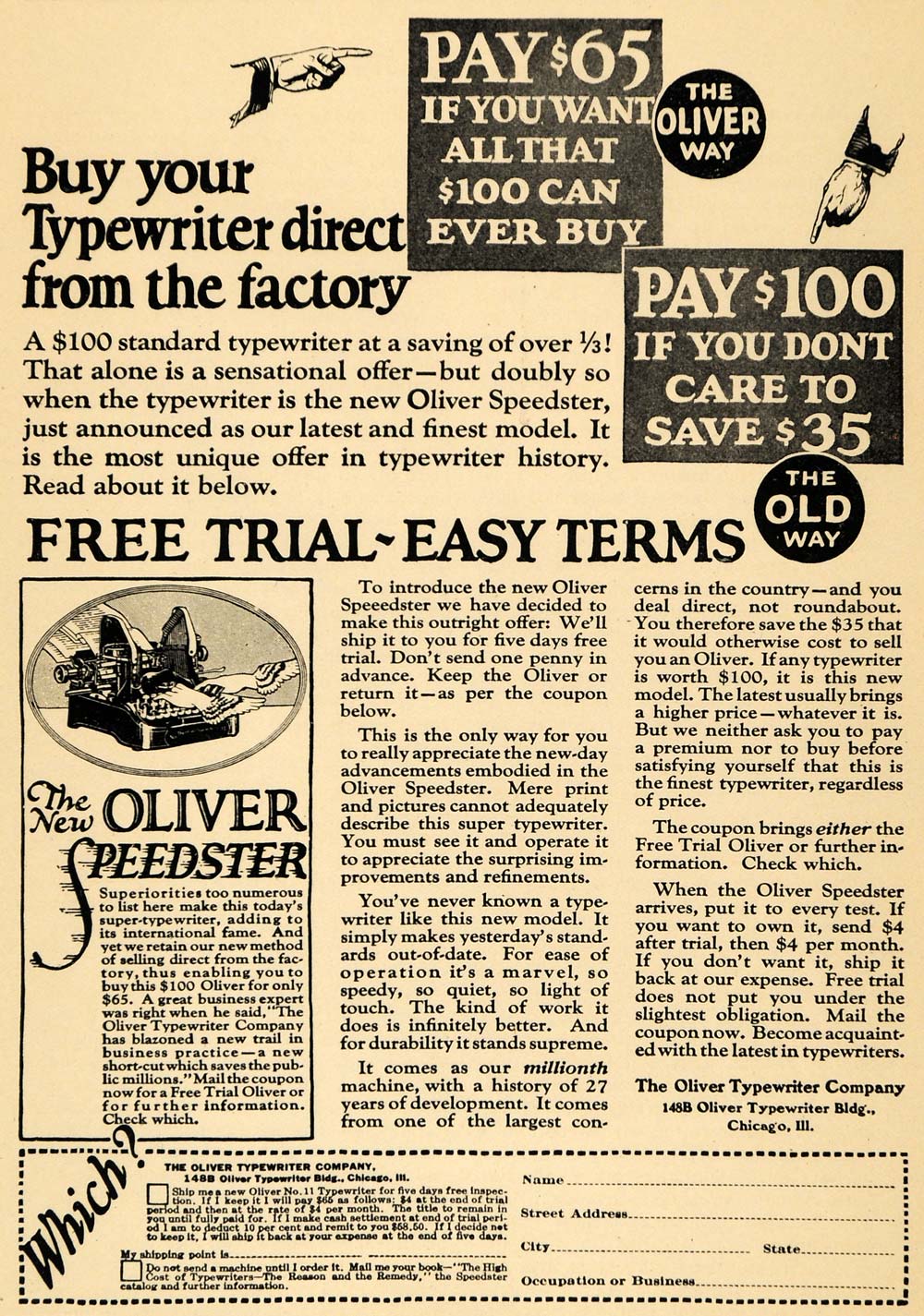 1922 Ad Oliver Speedster Typewriter Free Trial Chicago - ORIGINAL ILW1