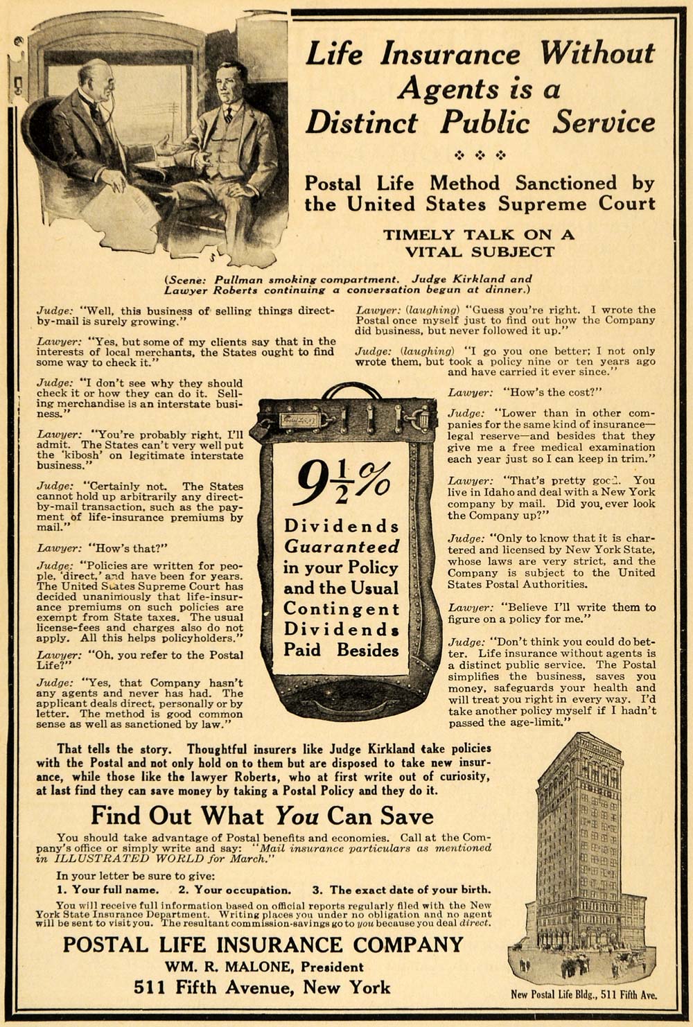 1917 Ad Postal Life Insurance Malone Pullman Kirkland - ORIGINAL ILW1