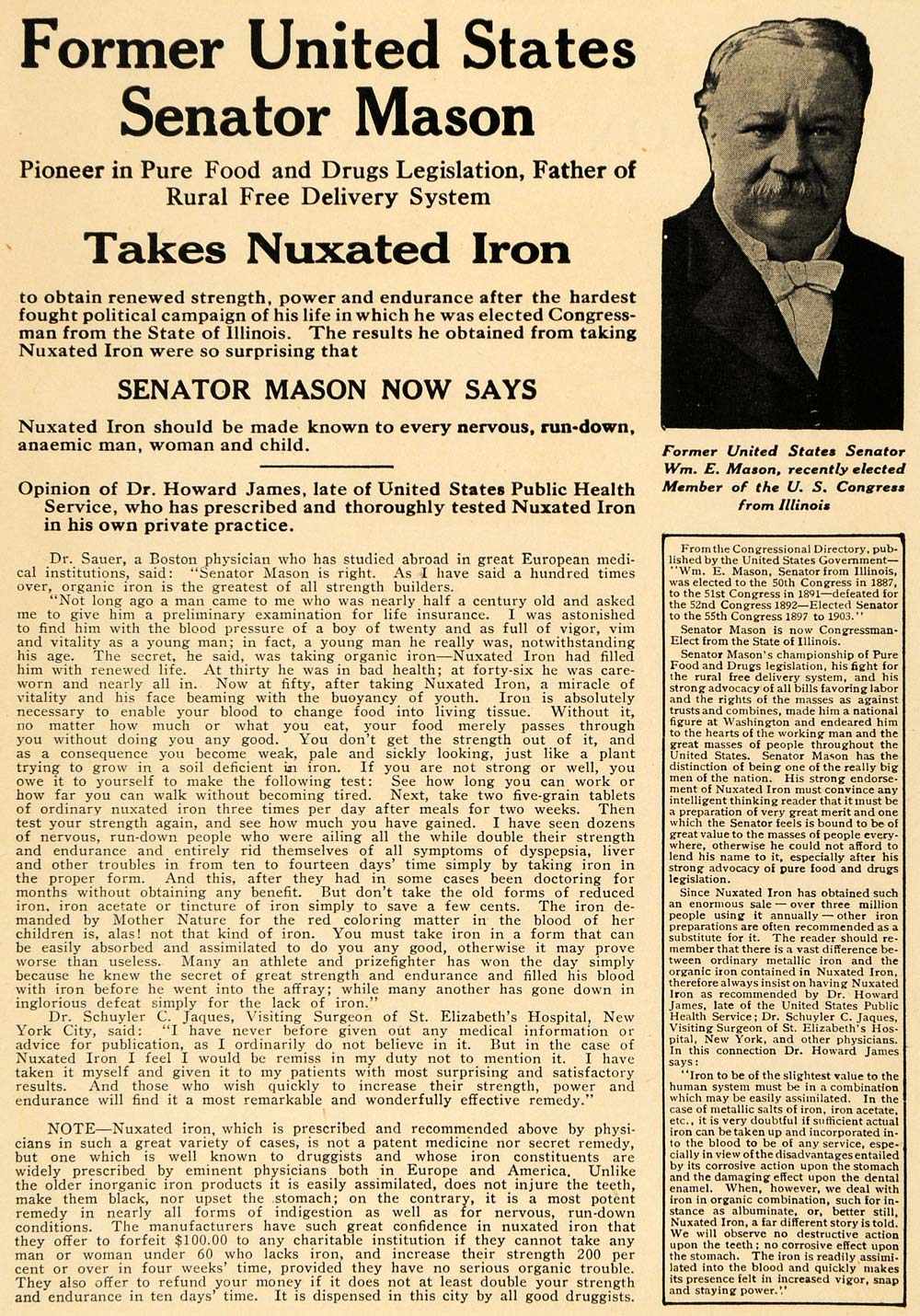 1917 Ad Senator Mason Nuxated Iron Health Sauer Jaques - ORIGINAL ILW1
