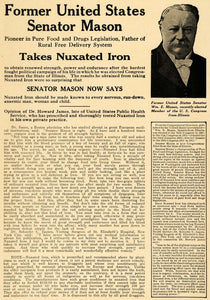 1917 Ad Senator Mason Nuxated Iron Health Sauer Jaques - ORIGINAL ILW1