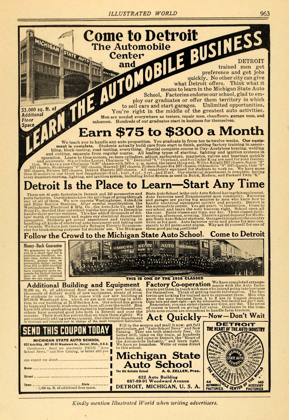 1917 Ad Michigan State Auto School Detroit Garage Job - ORIGINAL ILW1