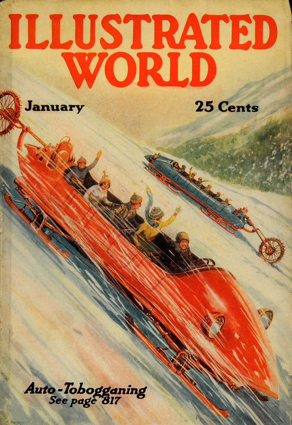 1921 Cover Illustrated World Auto Tobogganing Toboggan - ORIGINAL ILW1