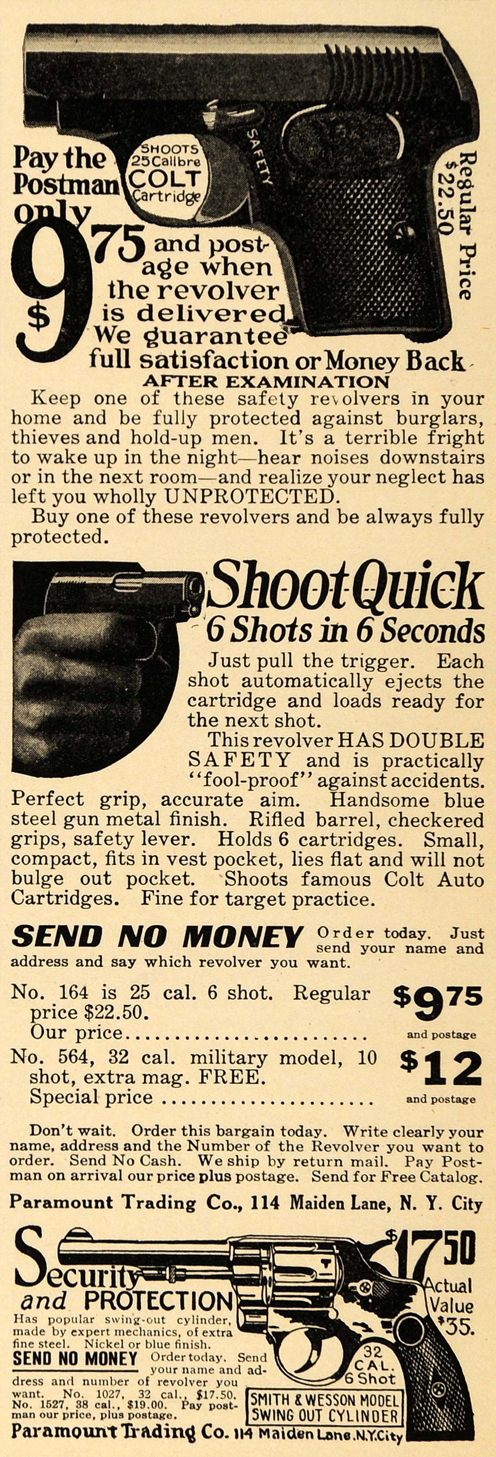 1921 Ad Paramount Trading Shoot Quick Six Shot Handgun - ORIGINAL ILW1